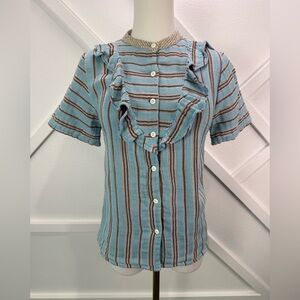 Ace & Jig Gauze Cotton Ruffle Blouse Striped Blue Brown Button Front Size XS